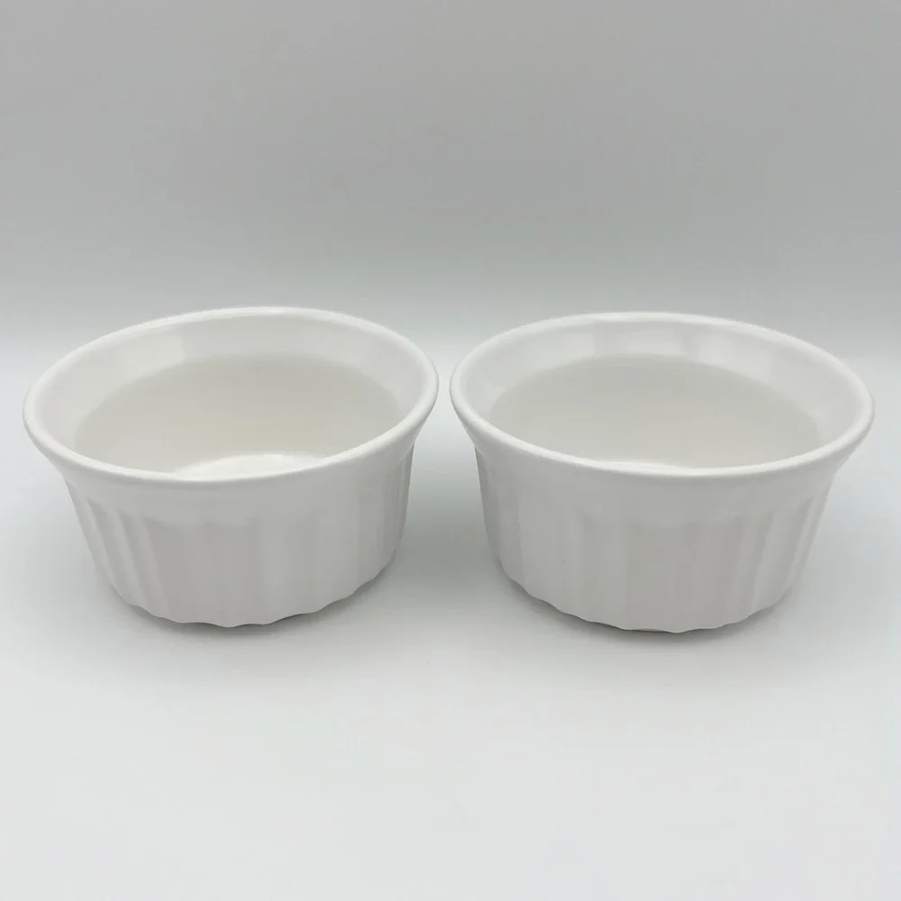 CorningWare French White Ramekins 4oz Stoneware Ribbed Souffle Dishes Set of 2
